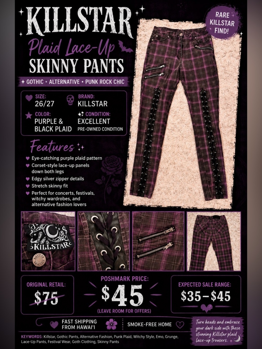 Killstar Purple & Black Plaid Lace-Up Skinny Pants with Silver Zippers